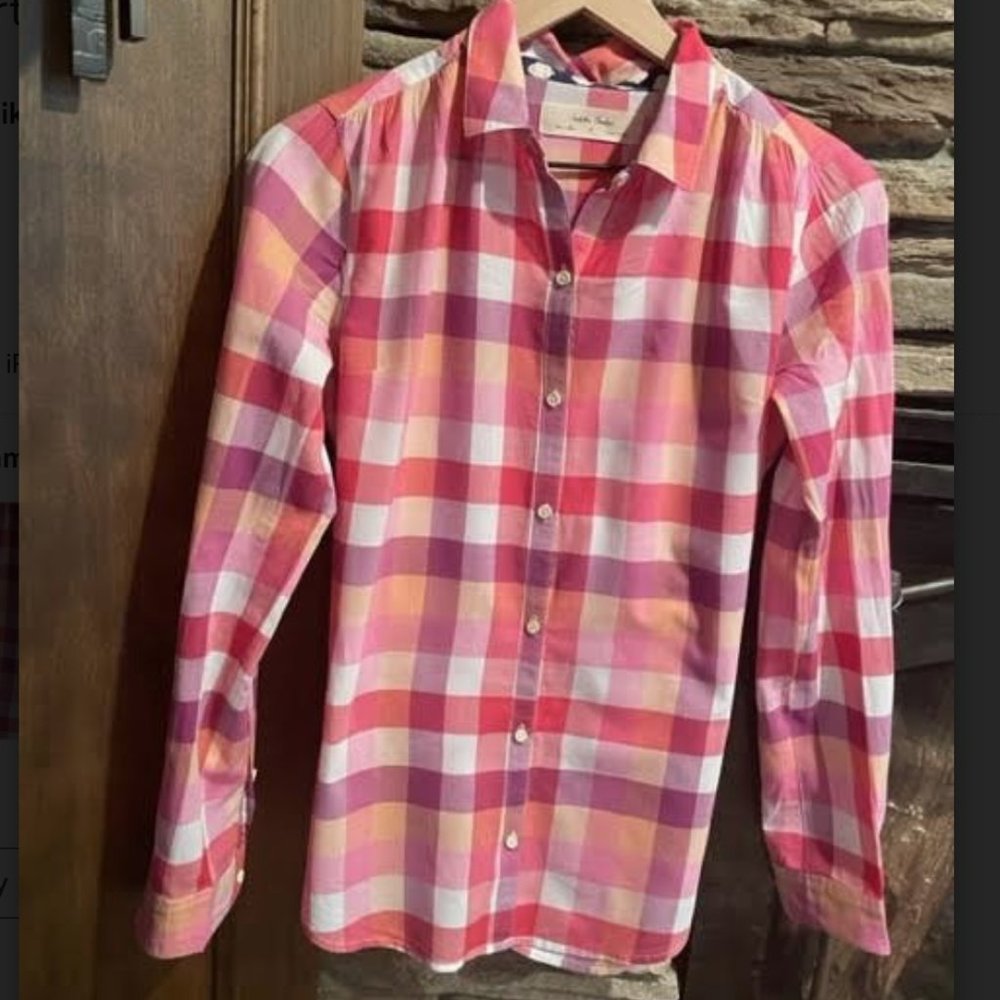 Isabella Sinclair Anthropologie Hibiscus Tea Pink Check Button Down Top Blouse S